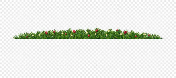 Vector illustration of Christmas and New Year realistic vector garland. Fir tree design element with glitter, gold stars and holly berries.