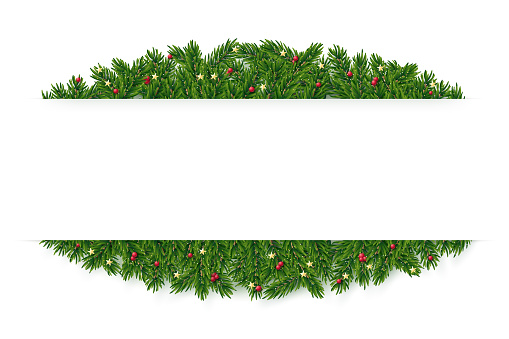 Christmas and New Year realistic vector garland frame. Fir tree design element with glitter, gold stars and holly berries.