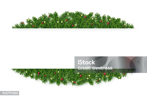 istock Christmas and New Year realistic vector garland frame. Fir tree design element with glitter, gold stars and holly berries. 1427111355