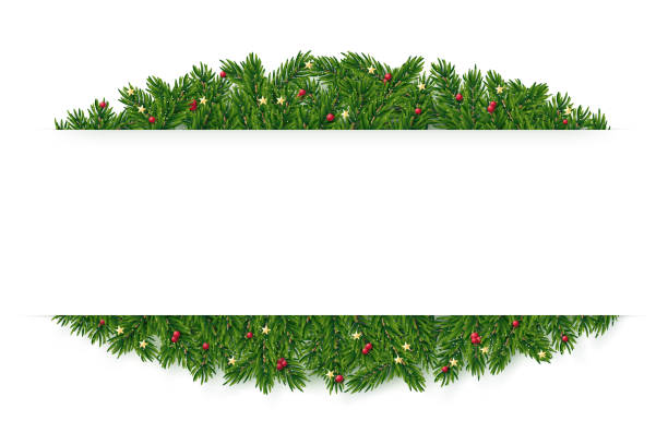 Christmas and New Year realistic vector garland frame. Fir tree design element with glitter, gold stars and holly berries. Hollydays frame template. The file contains transparency and gradient mesh. Carefully layered and grouped for easy editing. garland stock illustrations