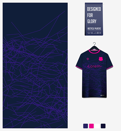 Soccer jersey pattern design. Chaos line pattern on purple background for soccer kit, football kit, bicycle, e-sport, basketball, t shirt mockup template. Fabric pattern. Abstract background. Vector Illustration.