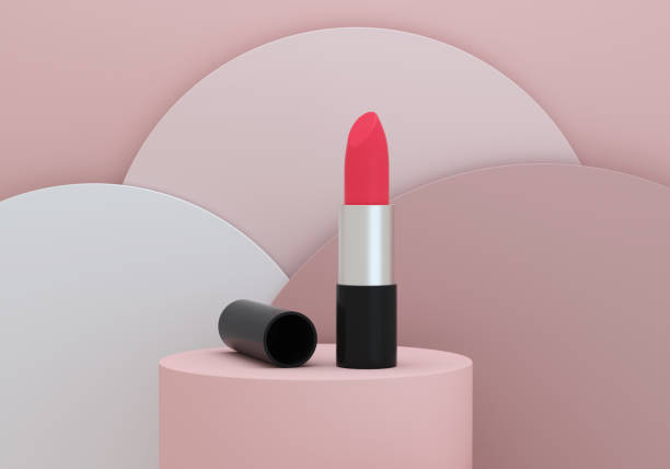 istock Lipstick on a podium on pink circles background. Beauty concept. 1427122855