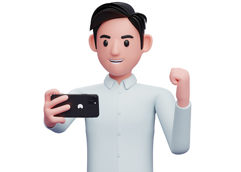 close up of businessman in blue shirt looking phone screen and celebrating, 3d illustration of businessman using phone