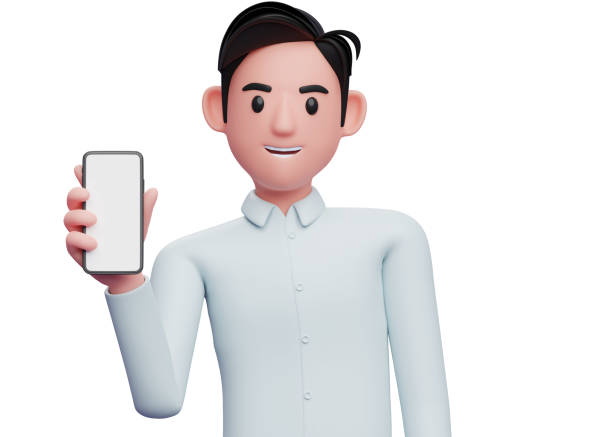 istock 3d businessman in blue shirt holding phone while tilting body 1427124307