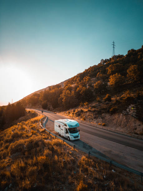 Drone Shot of Motor Home in Albanian Mountains stock photo