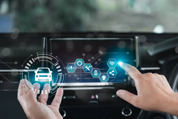 Wireless connection technology in the smart car and virtual screens concept, Man point on the screen icon a car online connecting to the car system and safety technology, car inside background tecnología de conexión inalámbrica en el concepto de automóvil inteligente y pantallas virtuales, punto de hombre en el icono de la pantalla un automóvil en línea que se conecta al sistema del automóvil y la tecnología de seguridad, el automóvil d