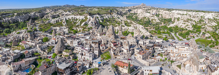 Aerial panoramic view of Goreme Village, Cappadocia, Turkey, aerial view