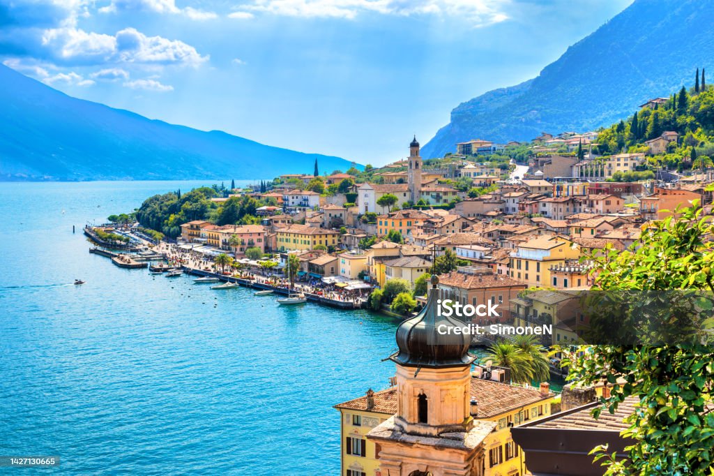 Beautiful village Limone Sul Garda on Garda Lake. The most famous tourist destination on lake. Aerial view. Lombardy, Italy. Lake Garda Stock Photo