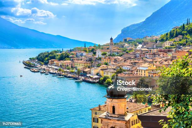 Beautiful Village Limone Sul Garda On Garda Lake The Most Famous Tourist Destination On Lake Aerial View Lombardy Italy Stock Photo - Download Image Now