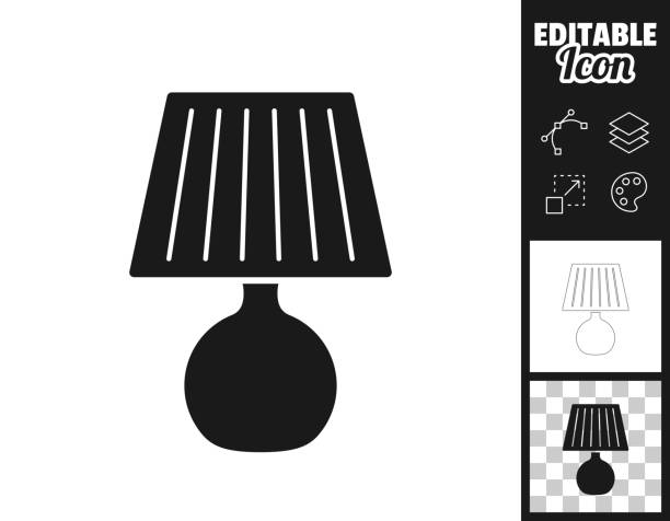 Table lamp. Icon for design. Easily editable Icon of "Table lamp" for your own design. Three icons with editable stroke included in the bundle: - One black icon on a white background. - One line icon with only a thin black outline in a line art style (you can adjust the stroke weight as you want). - One icon on a blank transparent background (for change background or texture). The layers are named to facilitate your customization. Vector Illustration (EPS file, well layered and grouped). Easy to edit, manipulate, resize or colorize. Vector and Jpeg file of different sizes. light-switch-clip-art stock illustrations