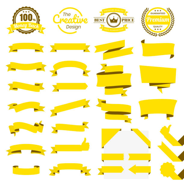 illustrations, cliparts, dessins animés et icônes de ensemble de rubans jaunes, bannières, insignes, étiquettes - éléments de conception sur fond blanc - banner ribbon scroll scroll shape