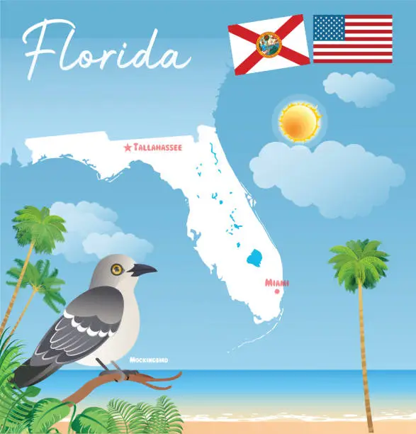 Vector illustration of Florida Map and Mockingbird