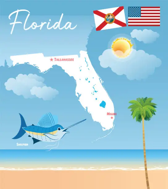 Vector illustration of Florida Map and Sailfish, Istiophorus