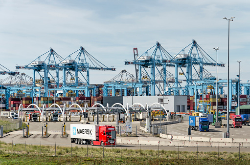 Rotterdam, The Netherlands, September 12, 2022: landside view of one of the container terminals on Maasvlakte industrial area