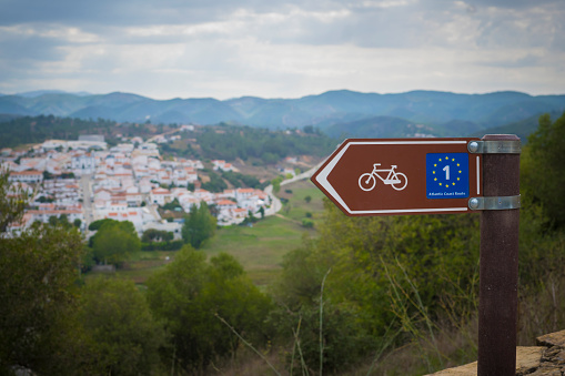 Aljezur, Portugal, September 2022: Atlantic Coast Bicycle route sign in the Algarve