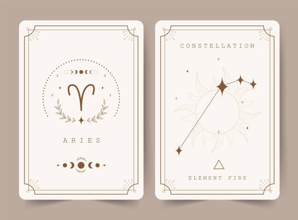 ilustraciones, imágenes clip art, dibujos animados e iconos de stock de aries. cartas de brujería con astrología signo zodiacal y constelación. perfecto para tarotistas y astrólogos. fondo mágico oculto. plantilla de horóscopo. ilustración vectorial en estilo boho - equipment group of objects space moon