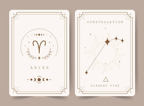 bildbanksillustrationer, clip art samt tecknat material och ikoner med aries. witchcraft cards with astrology zodiac sign and constellation. perfect for tarot readers and astrologers. occult magic background. horoscope template. vector illustration in boho style - tarot