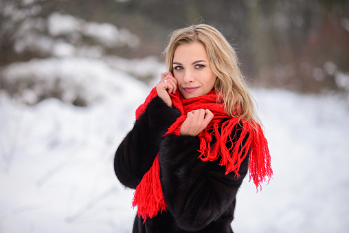 portrait for a beautiful smiling blonde girl in a black fur coat and a red scarf against the backdrop of a winter snowy forest