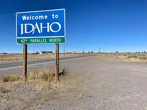 Welcome to the Idaho State Sign. State border of Nevada and Idaho.