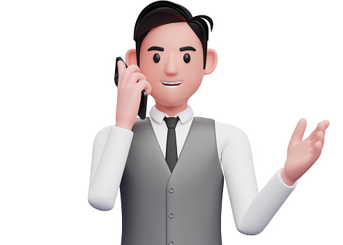 close up of businessman in gray office vest talking on phone while opening hands with gesture demonstrating, 3d illustration of businessman using phone