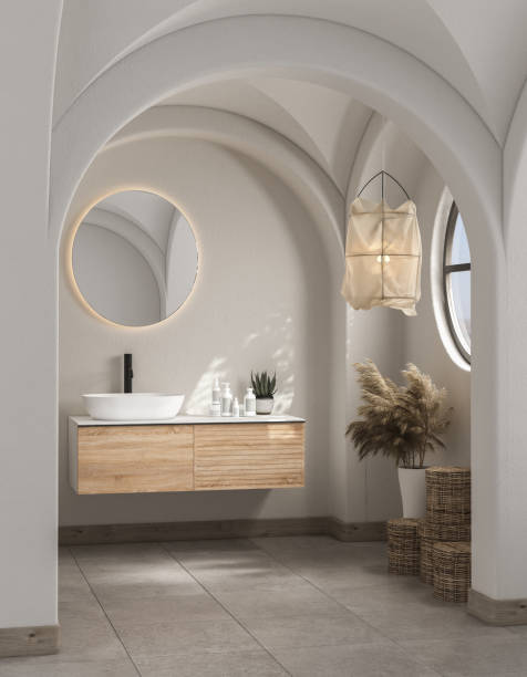 istock Modern mid century and minimalist bathroom interior, white decor concept, modern wooden bathroom cabinet hanging on white wall, concrete floor. Cozy bathroom. 3d rendering 1427192202