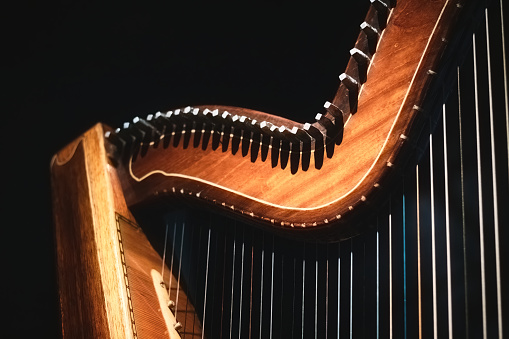 Close-up of detail of a Celtic natural wood finish harp neck and bridge with tuning pins and strings