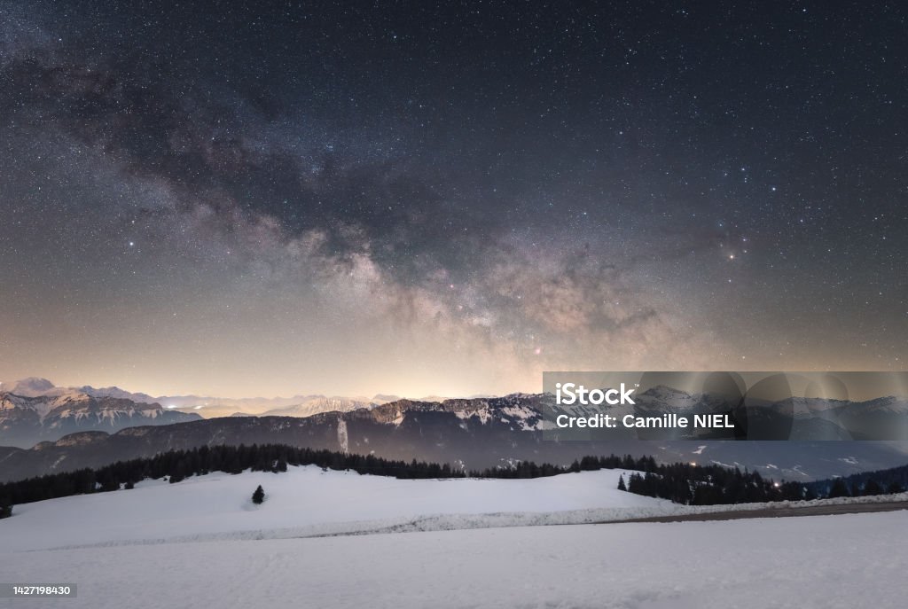 milky way above the mountain during the winter season. mountains with snow, cold weather Above Stock Photo