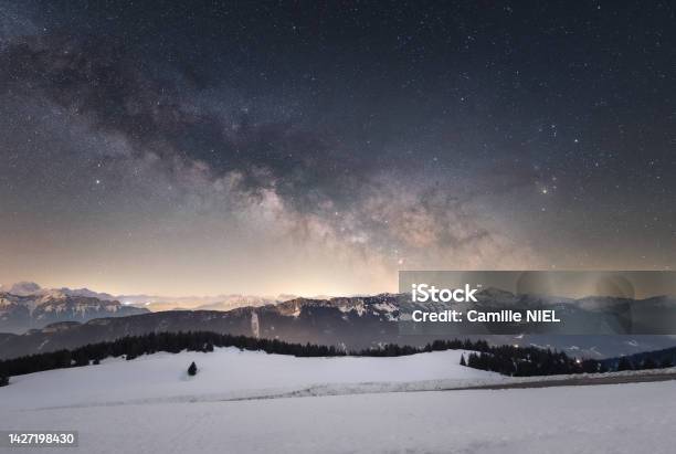 Milky Way Above The Mountain During The Winter Season Mountains With Snow Cold Weather Stock Photo - Download Image Now