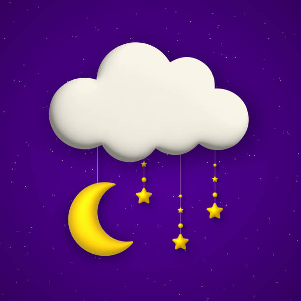 istock Cute night background with blue sky, cloud, golden stars and moon garland. Vector illustration. 1427201469