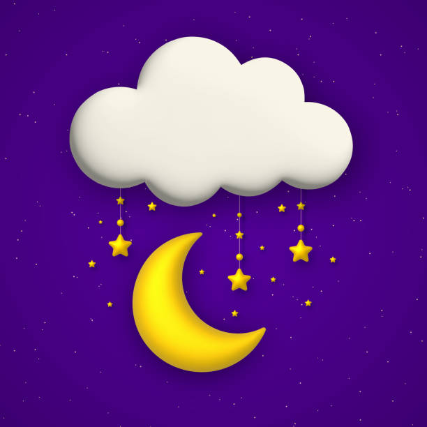 istock Cute background with blue night sky, cloud, golden stars and moon garland. Vector illustration. 1427201504