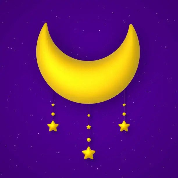 Vector illustration of Cute background with blue night sky, golden moon and stars garland. Vector illustration.