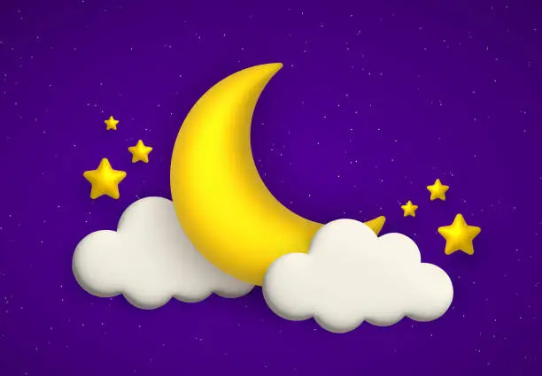 Vector illustration of Cute night sky background with 3d clouds, golden moon and stars. 3d cartoon vector illustration.