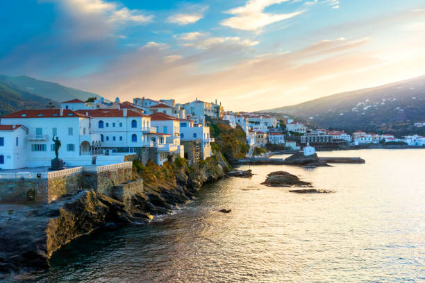 View of Chora town on the beautiful Andros island in Cyclades, Greece, Europe View of Andros, beautiful island in the Cyclades, Greece, Europe andros island stock pictures, royalty-free photos & images