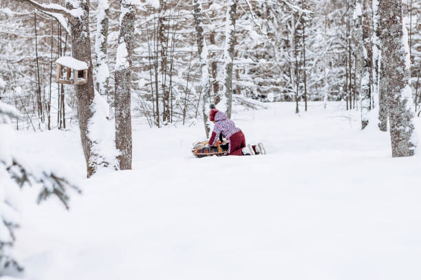 Happy little African-American girl in red hat and jumpsuit rides on tubing in the winter park.Beautiful trees are covered with white snow.Winter fun,active lifestyle concept.