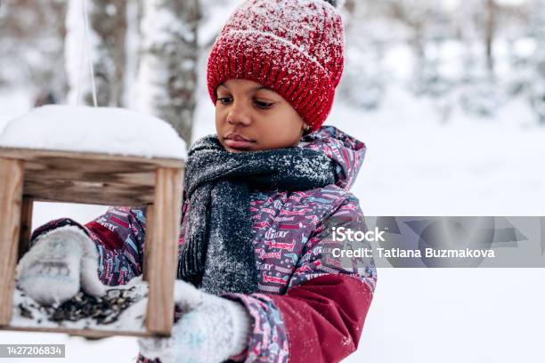 Little African-American girl in a red hat and jumpsuit pours food into a bird feeder in a winter forest.Taking care of animals.Eco-friendly concept