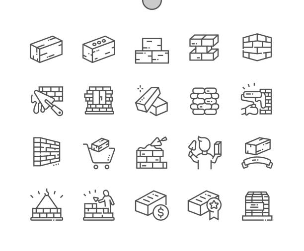 ilustrações de stock, clip art, desenhos animados e ícones de brick. building construction. brick wall. construction. buy, price and reviews. pixel perfect vector thin line icons. simple minimal pictogram - brick cement bricklayer construction