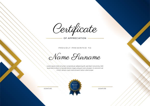 ilustrações de stock, clip art, desenhos animados e ícones de certificate of appreciation template, gold and blue color. clean modern certificate with gold badge. certificate border template with luxury and modern line pattern. diploma vector template - certidão