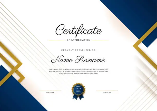 Vector illustration of Certificate of appreciation template, gold and blue color. Clean modern certificate with gold badge. Certificate border template with luxury and modern line pattern. Diploma vector template