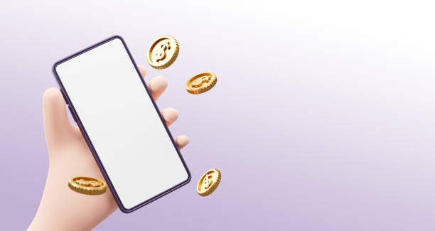 istock Hand holding mobile phone with gold coin 3D render 1427209881