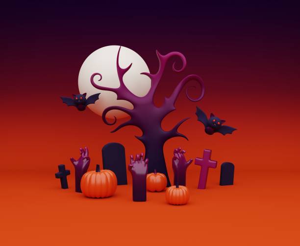istock 3d rendering Halloween illustration. Pumpkin, zombie hands, scary cartoon illustration 1427210366