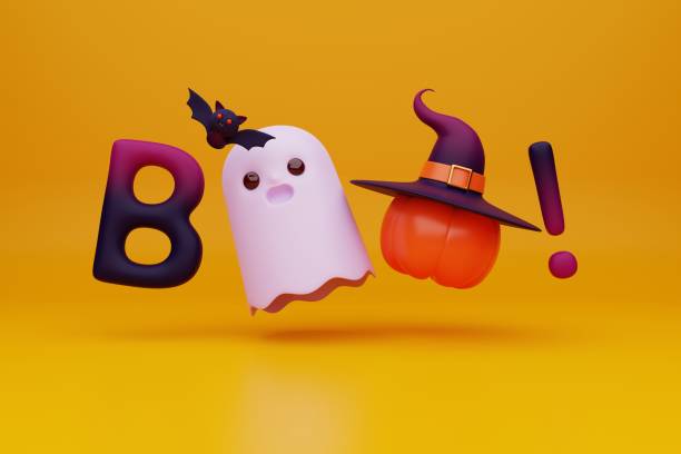 istock 3d rendering cute Halloween illustration with pumpkin, bat and ghost 1427210580