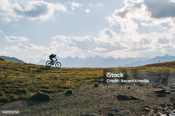 Scenic View Of Man Emountain Biking In Alpine Meadow Stock Photo - Download Image Now