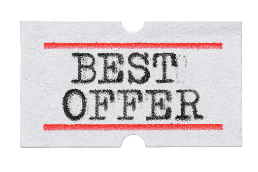 Best Offer printed with typewriter font on price tag sticker isolated on white background