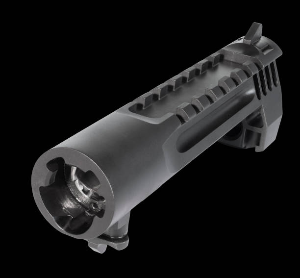 istock Looking down on the barrel and slide of a semi-automatic handgun from the chamber side 1427218914