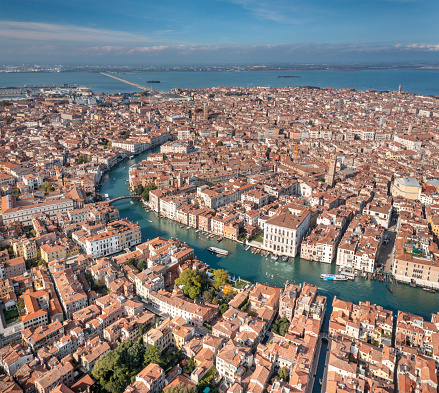 Unique aerial of the famous Grand Canal and bridge running through Venice, Italy