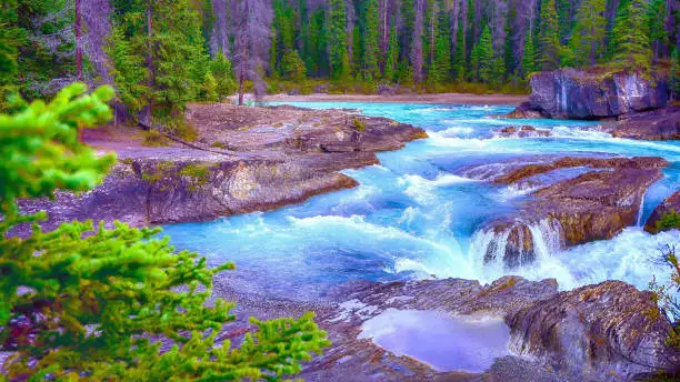 The Bow River - displaying a characteristic blue tone  - as it tracks along its rock strewn course through the Banff National Park in Alberta Canada.