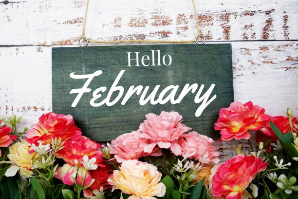 こんにちは2月のタイポグラフィテキストは、木製の背景に花で飾る - february ストックフォトと画像