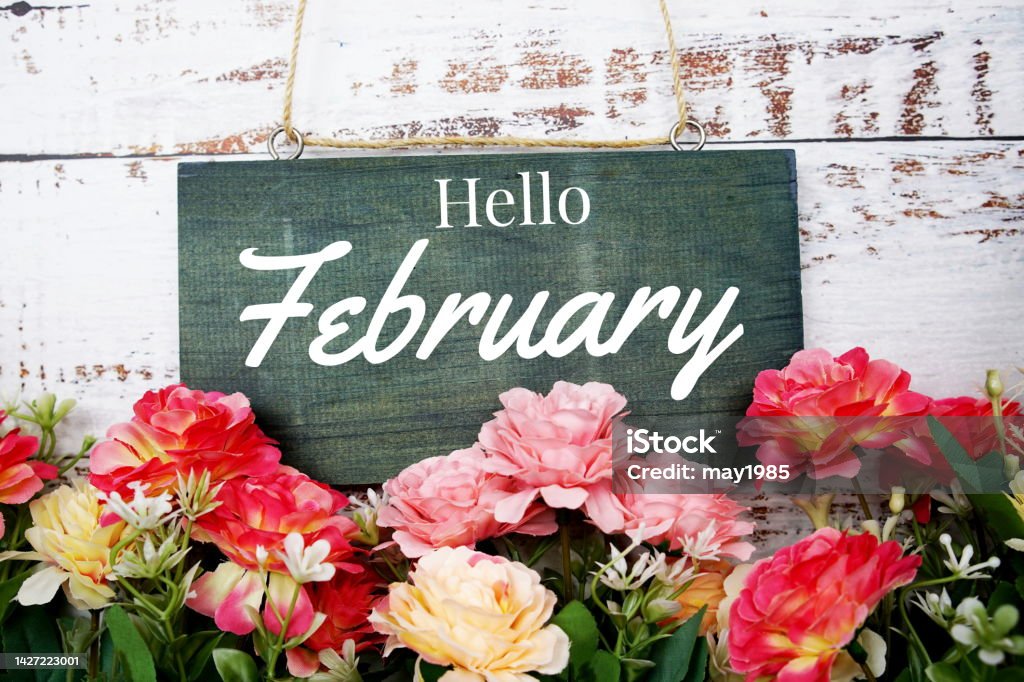 Hello February typography text decorate with flower on wooden background February Stock Photo