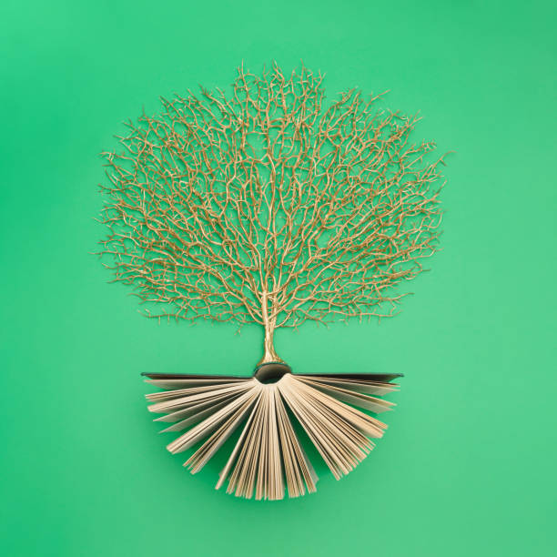 Golden tree growing from the old book, Education and knowledge concept. For book lovers. Flat lay.