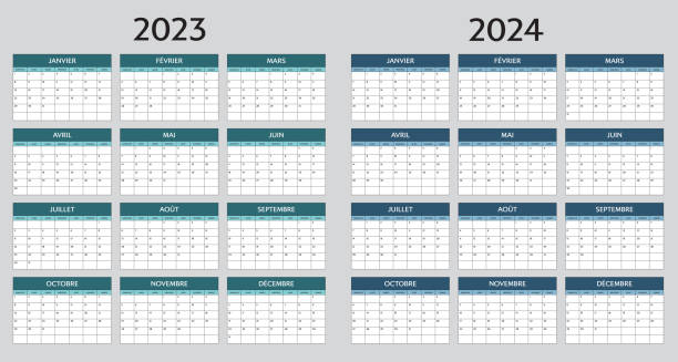 CALENDRIERFR2023-2024 Calendar template for 2023 and 2024 year in french language. Planner diary layout template. french language stock illustrations